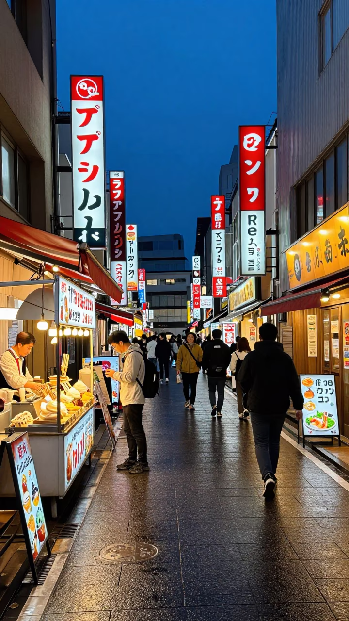 Busy Fukuoka Street Scene with Gelato Display and Late Night Activity in in Fukuoka, Japan