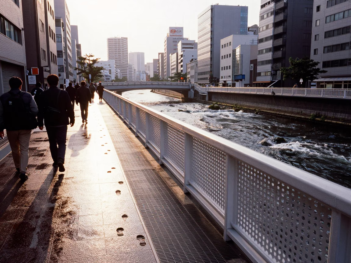 Busy Fukuoka street scene with pedestrian overpass and morning commuters in in Fukuoka, Japan