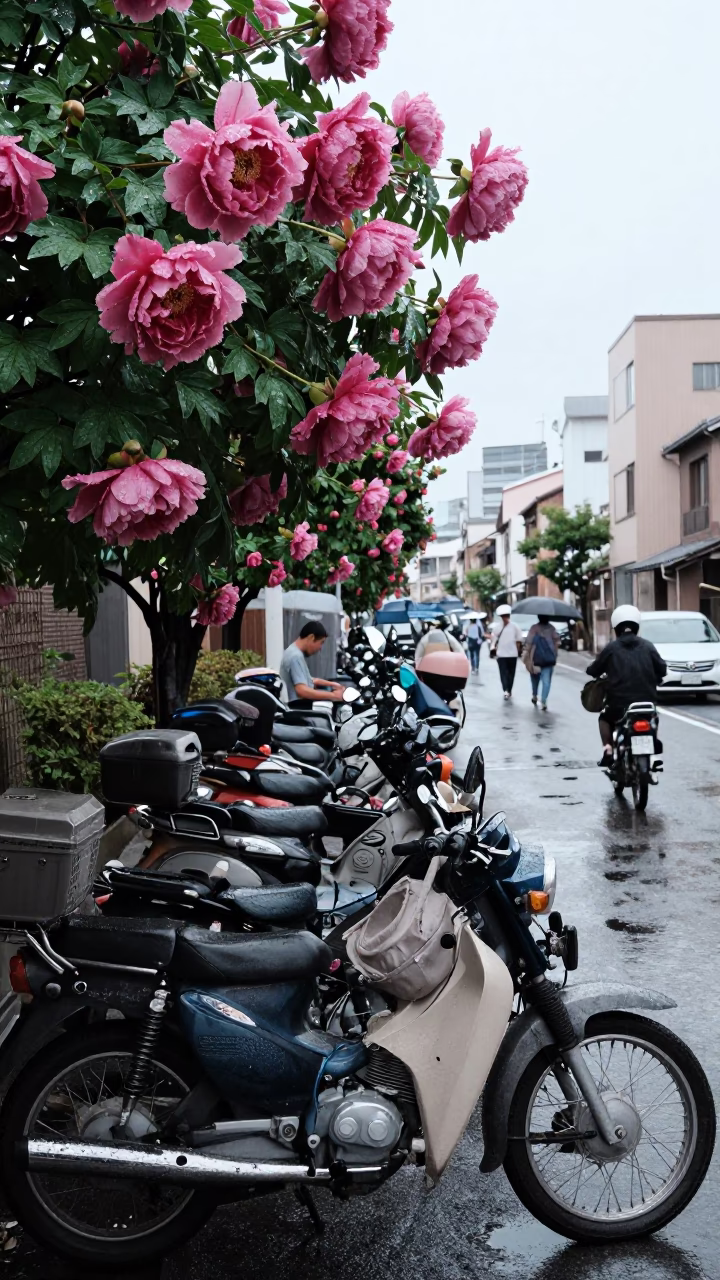 Busy Fukuoka Street Scene with Vintage Motorcycles and Rain-Soaked Peonies in Early Afternoon in in Fukuoka, Japan