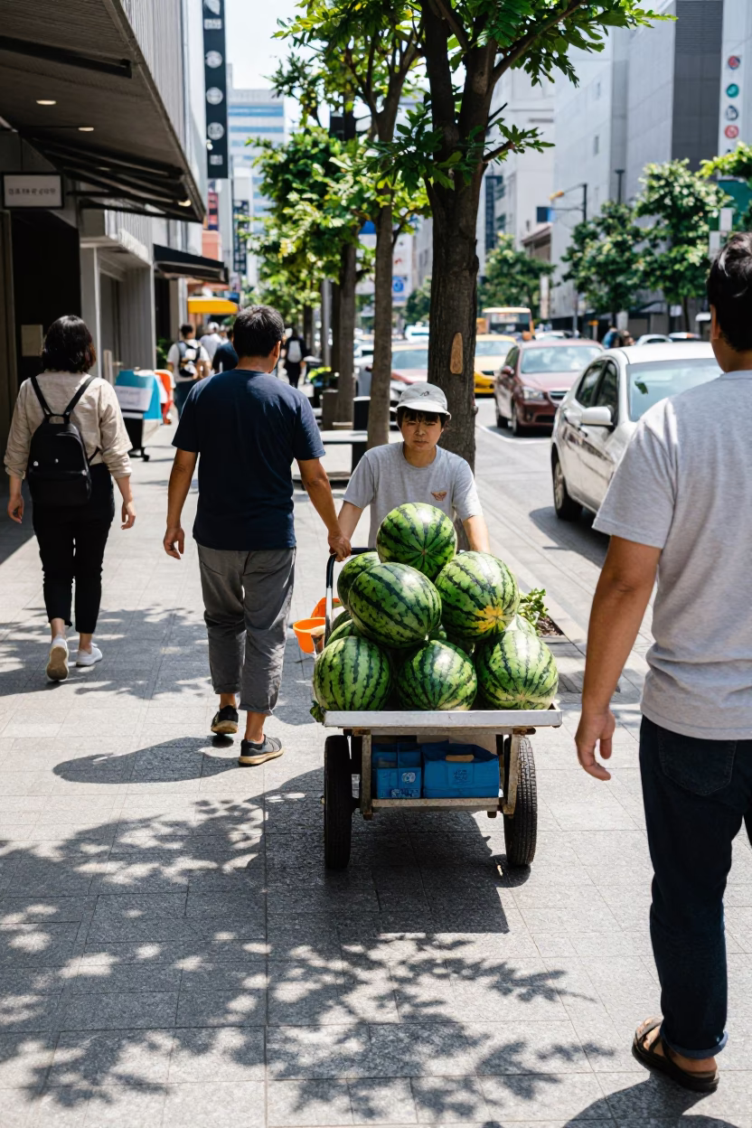 Busy Fukuoka Street Scene with Wicker Shadows and Polished Brass in Bright Midmorning Light in in Fukuoka, Japan