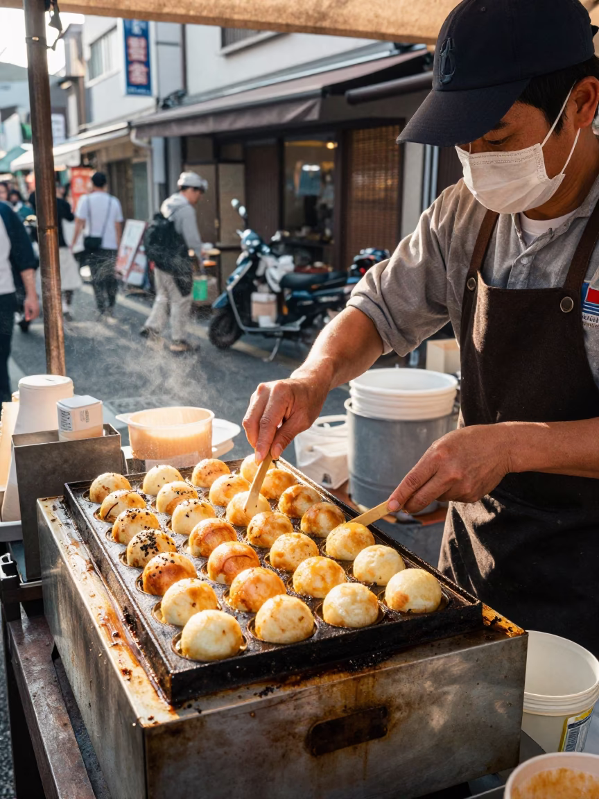 Busy Fukuoka Street Vendor Cooking Takoyaki in Early Afternoon Sunlight in in Fukuoka, Japan