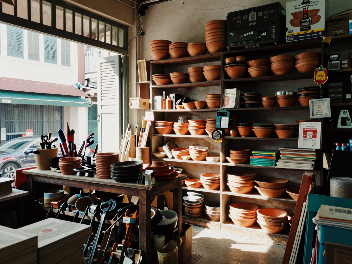 Busy George Town Kitchen Shop with Tools and Books in in George Town, Malaysia