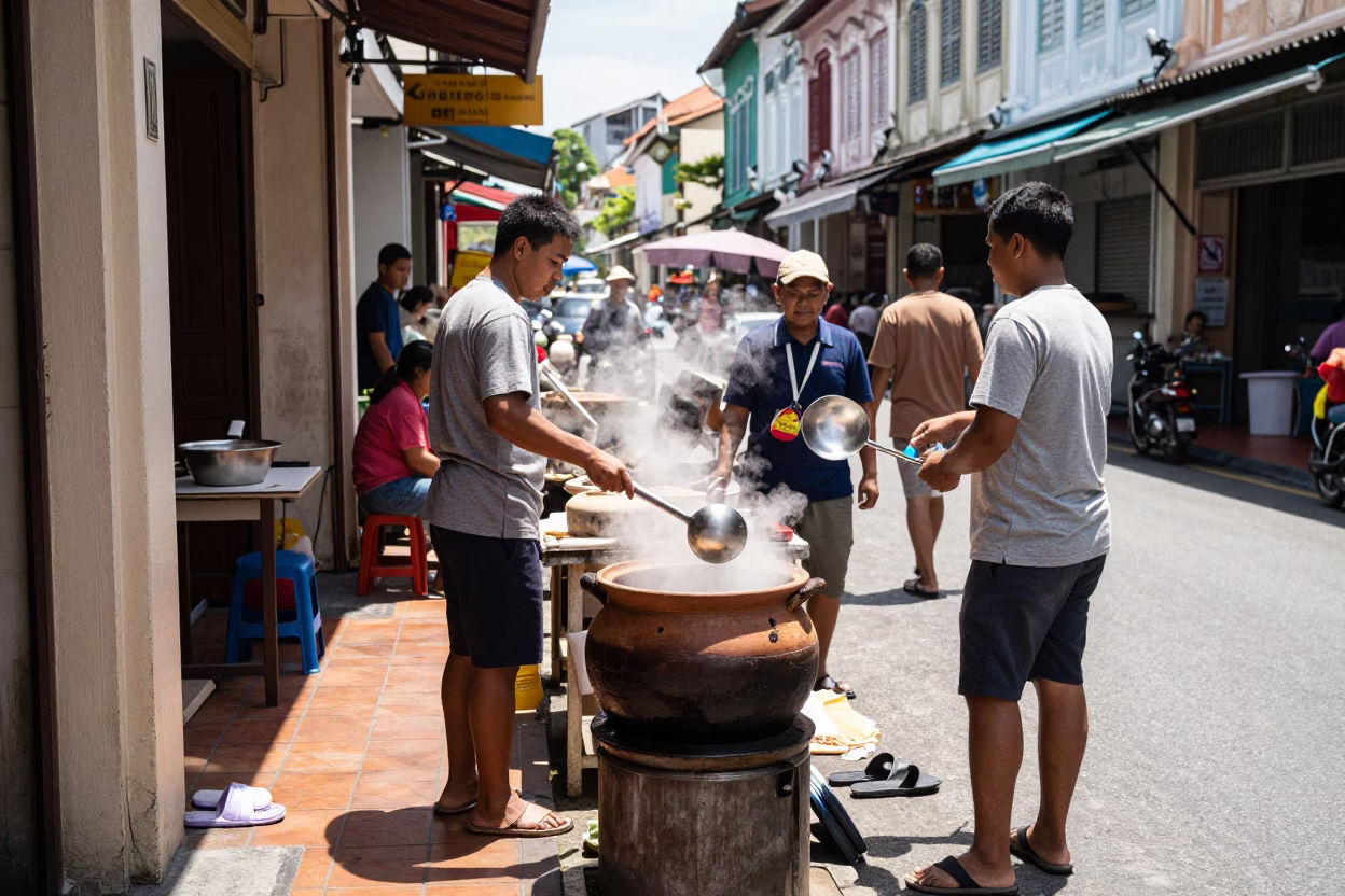 Busy George Town Malaysia Midday Street Scene with Slippers and Ladle in in George Town, Malaysia