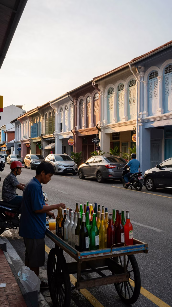 Busy George Town Malaysia Street Scene After Sunrise with Colorful Bottles in in George Town, Malaysia