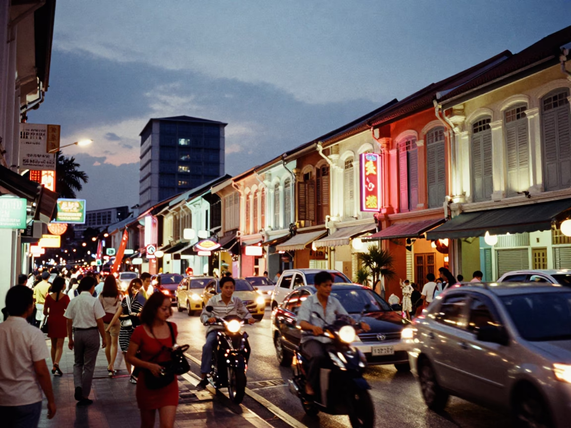 Busy George Town Malaysia Street Scene at Dusk with Neon Lights and Local Commerce in in George Town, Malaysia