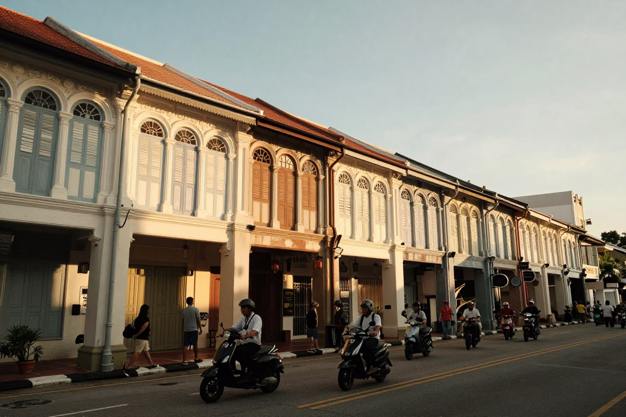 Busy George Town Malaysia Street Scene at Sunset with Heritage Shophouses in in George Town, Malaysia