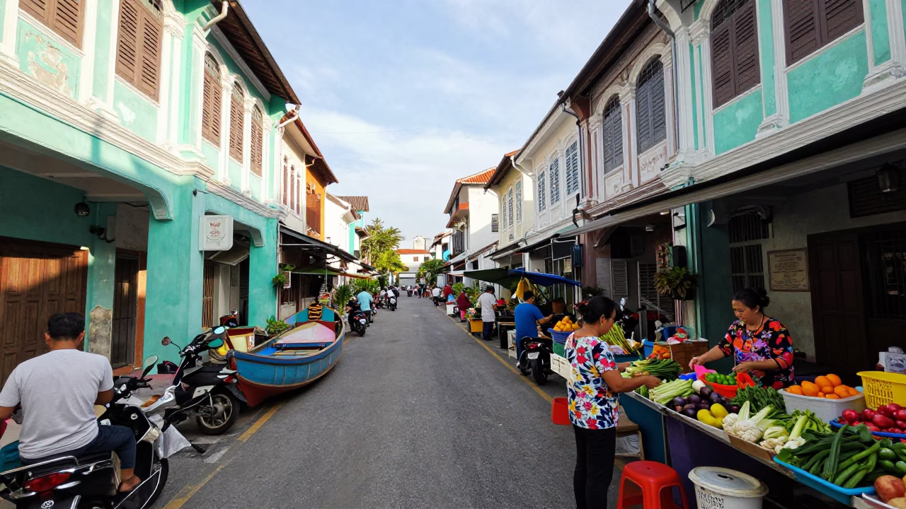 Busy George Town Malaysia Street Scene Early Afternoon with Junk Boat and Local Life in in George Town, Malaysia