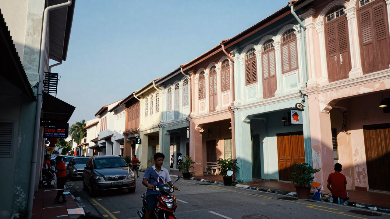Busy George Town Malaysia Street Scene Late Afternoon Light with Local Life in in George Town, Malaysia