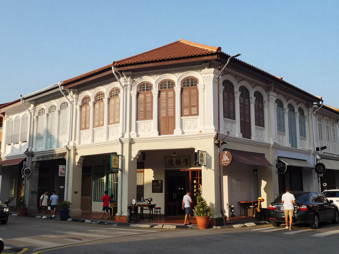 Busy George Town Malaysia Street Scene Late Afternoon Light with Vintage Shop Details in in George Town, Malaysia