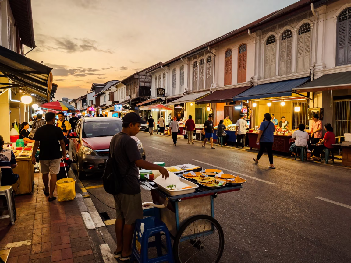 Busy George Town Malaysia Street Scene with Javanese Crepe Vendor in Evening Light in in George Town, Malaysia