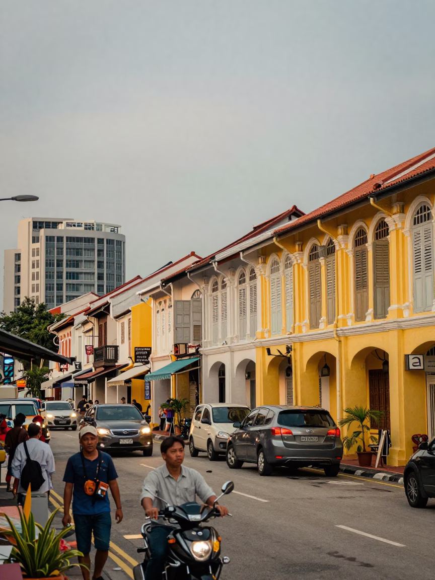 Busy George Town Malaysia Street Scene with Shophouses and Evening Activity in in George Town, Malaysia