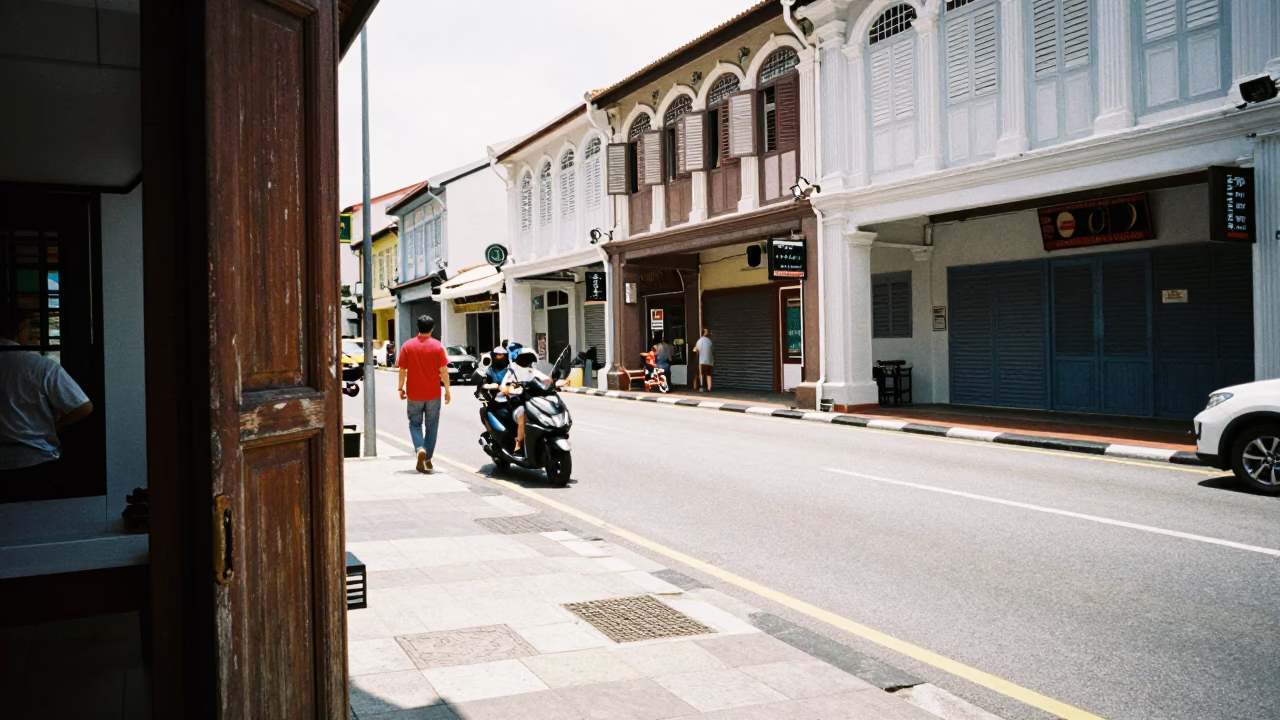 Busy George Town Malaysia Street Scene with Shuttered Doors and Midmorning Light in in George Town, Malaysia