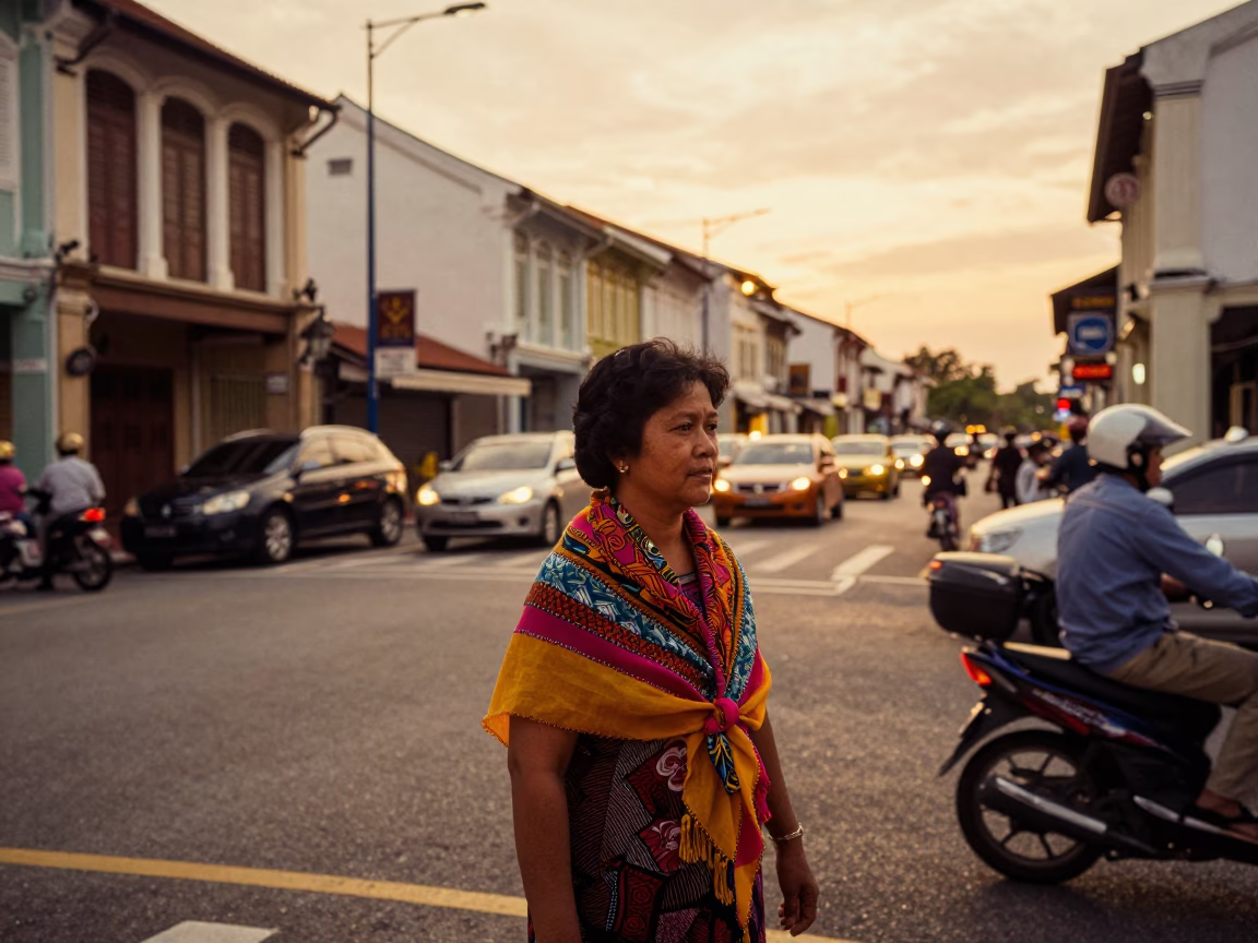Busy George Town Malaysia Street Scene with Traditional Shawl and Evening Light in in George Town, Malaysia
