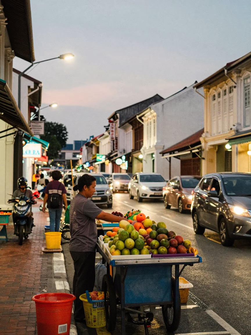 Busy George Town Street Scene Early Evening with Street Vendor and Motorcycles in in George Town, Malaysia