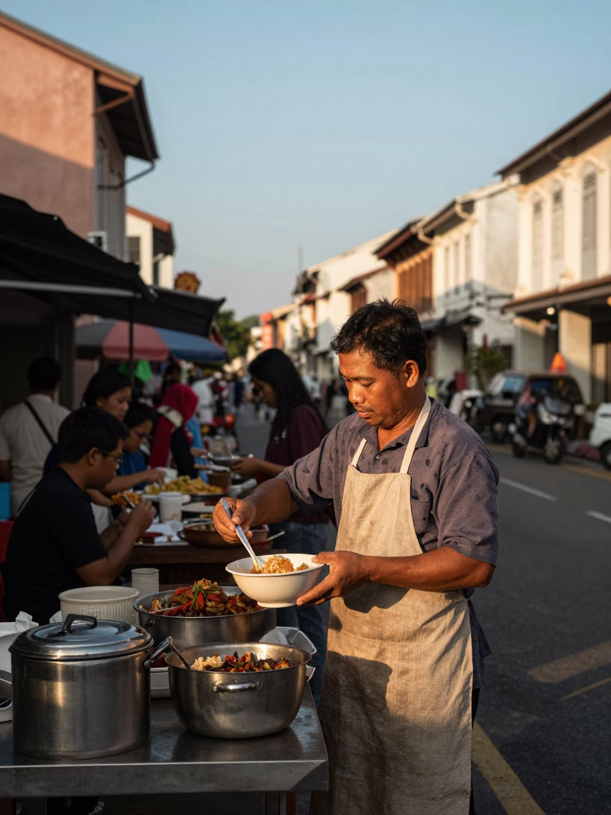 Busy George Town Street Scene Late Afternoon with Traditional Food and Local Details in in George Town, Malaysia