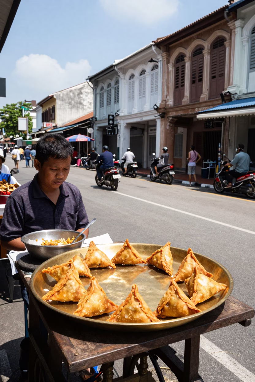 Busy George Town Street Scene Midday with Brass Plate and Flowering Plant in in George Town, Malaysia