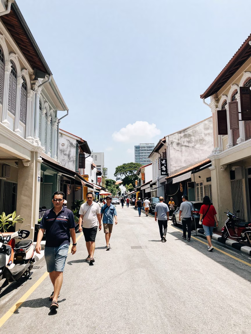 Busy George Town Street Scene Under Flat Noon Light with Pedestrians and Heritage Architecture in in George Town, Malaysia