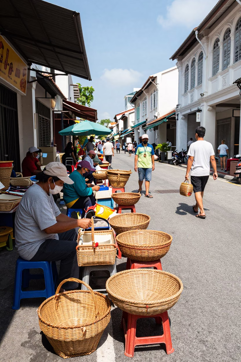 Busy George Town Street Scene with Sewing Baskets and Local Commerce in in George Town, Malaysia