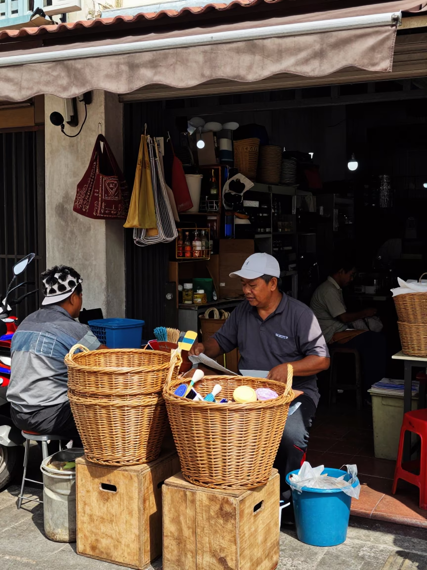 Busy George Town Street Scene with Wicker Basket and Brushed Steel Hooks in in George Town, Malaysia