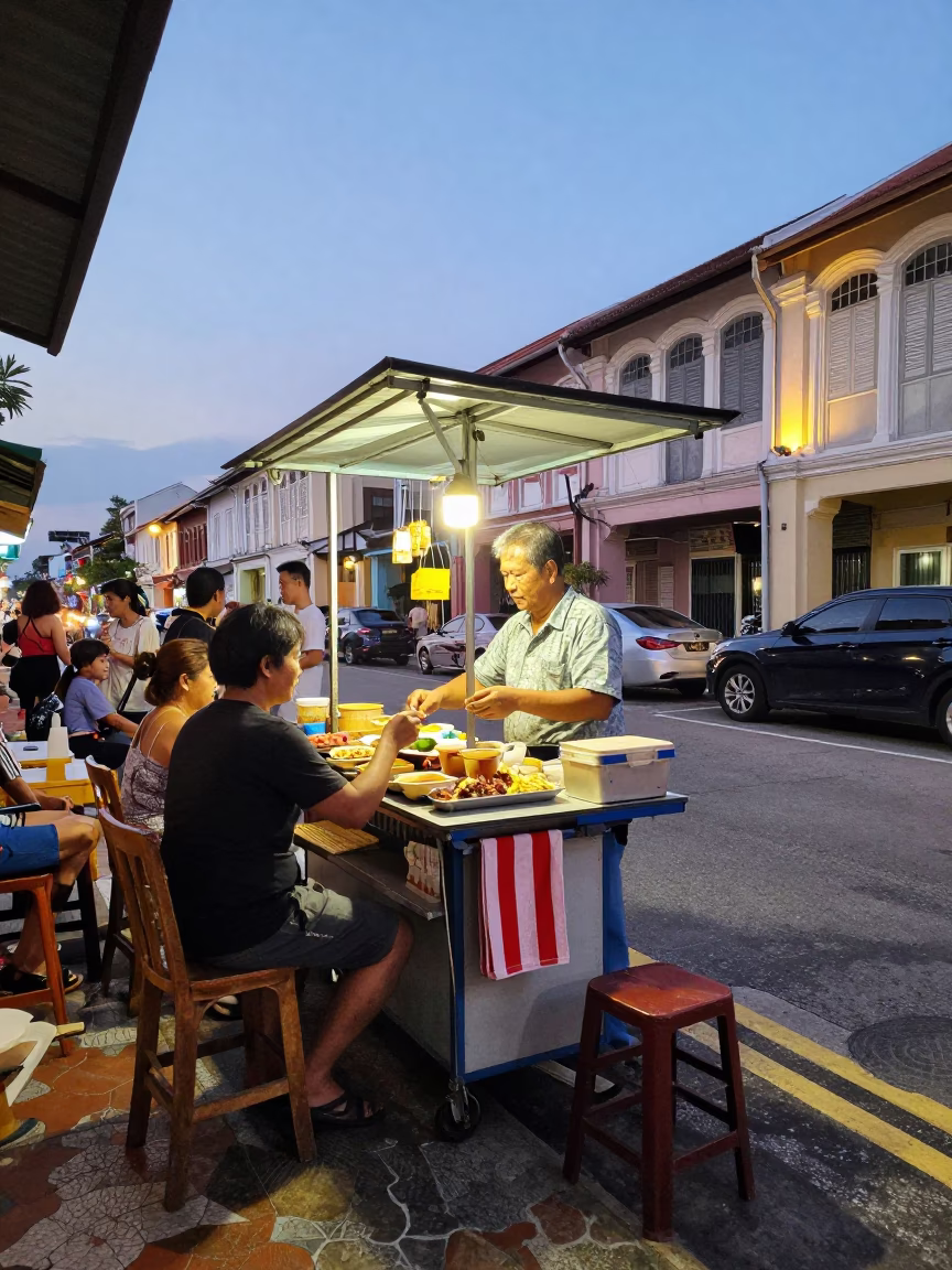 Busy George Town Street Vendor Serving Late Summer Evening Snacks in in George Town, Malaysia