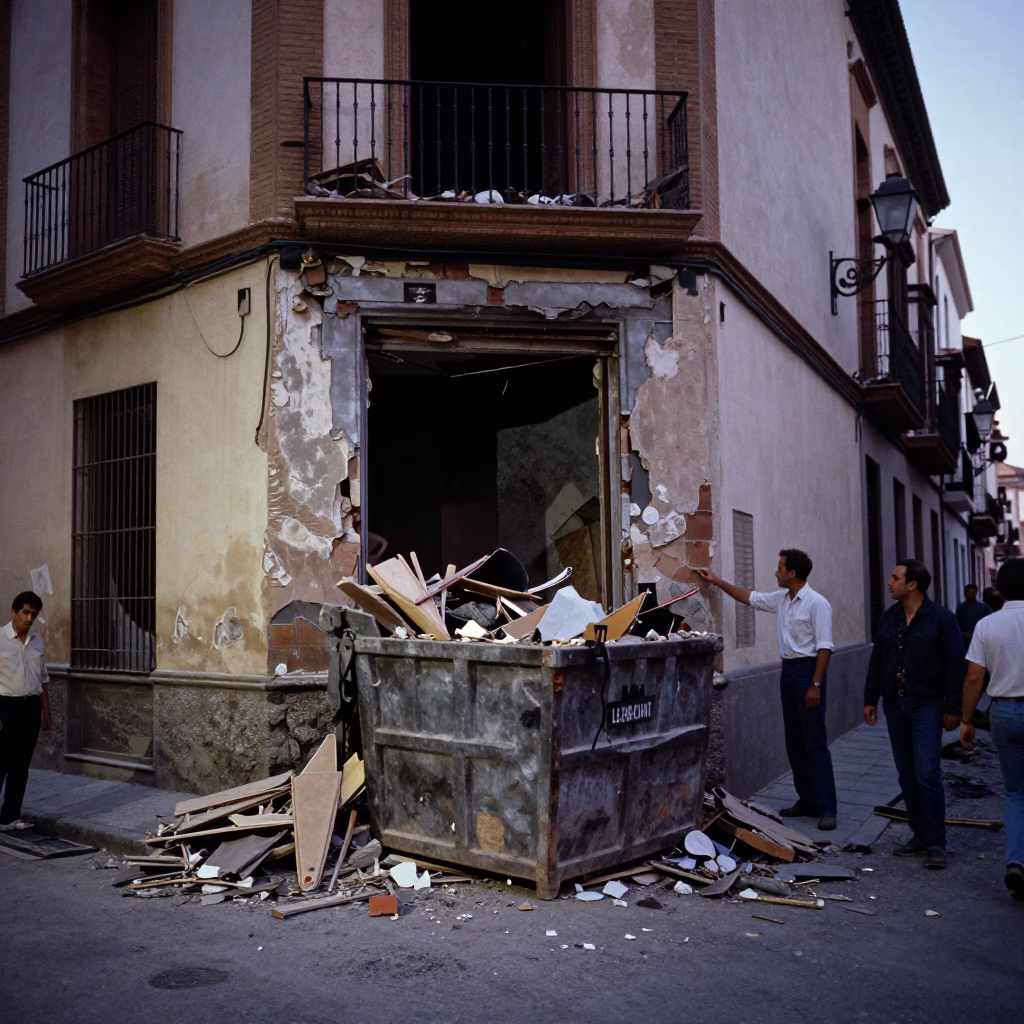 Busy Granada Spain Early Evening Street Scene with Demolition and Urban Life in in Granada, Spain