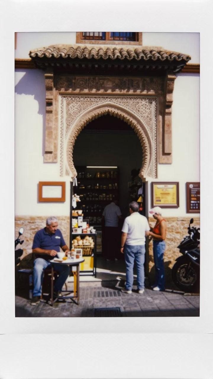 Busy Granada Spain Midday Street Scene with Local Shopkeeper and Baguettes in in Granada, Spain