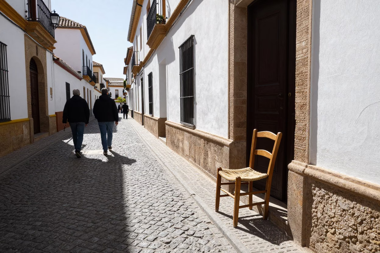 Busy Granada Spain Midmorning Street Scene with Ladder-Back Chair and Bicycle Near Alhambra in in Granada, Spain
