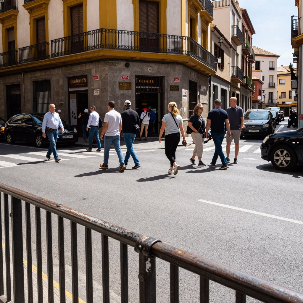 Busy Granada Spain Noon Street Scene with Smudged Rail and Local Pedestrians in in Granada, Spain