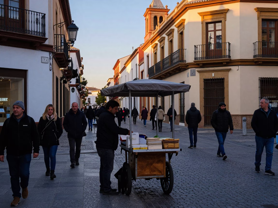 Busy Granada Spain street scene at dawn with local vendor selling onions in in Granada, Spain