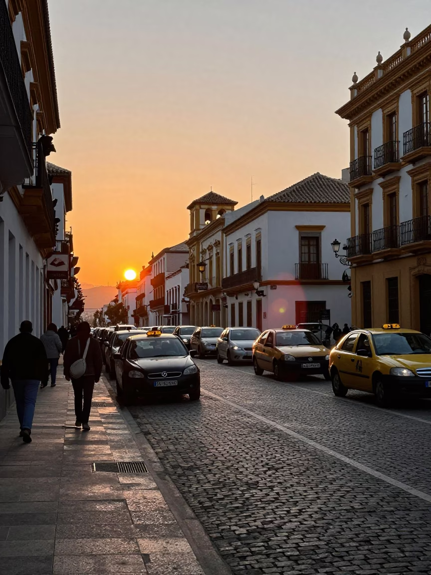 Busy Granada Spain Street Scene at Sunset with Taxi Rank and Local Life in in Granada, Spain
