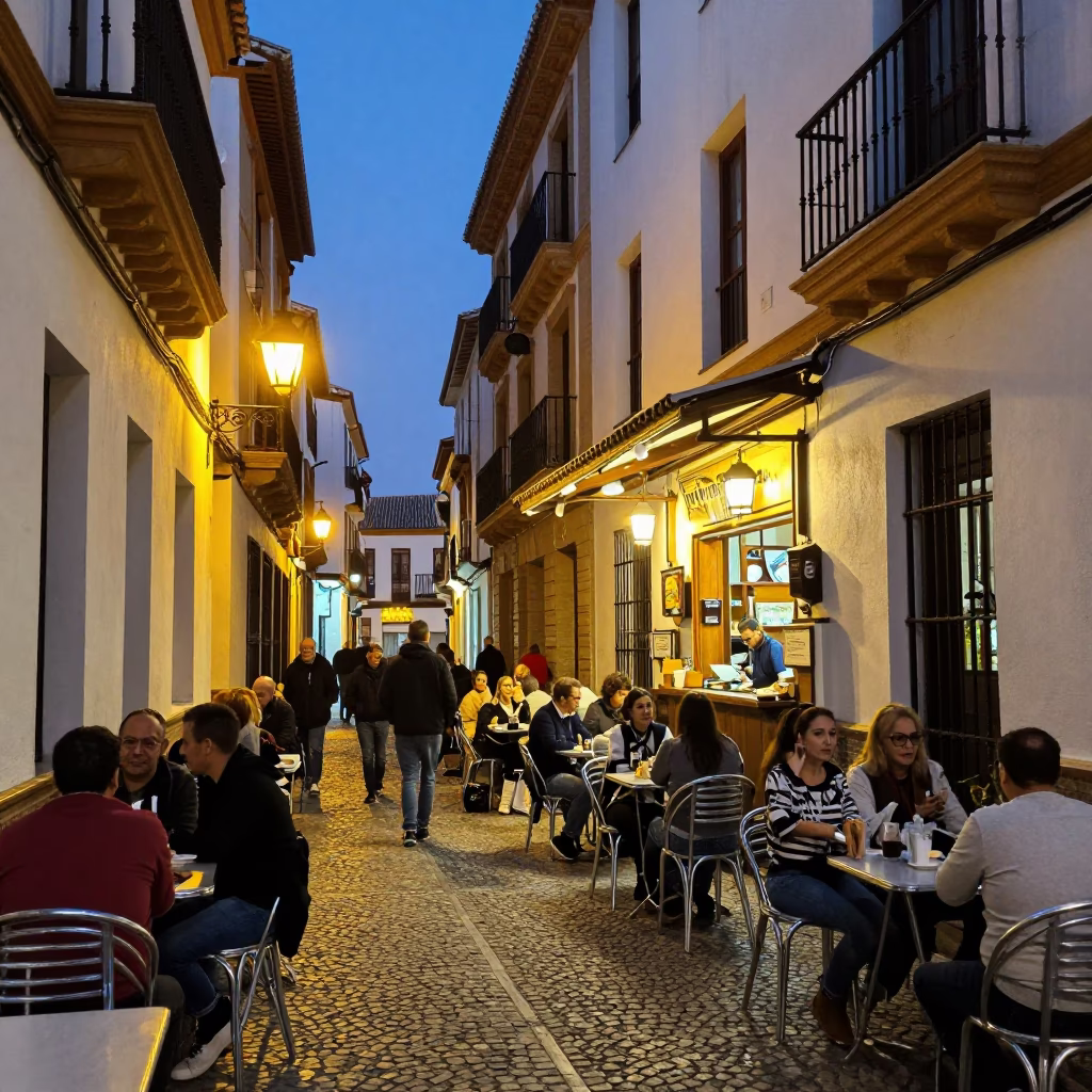 Busy Granada Spain Street Scene at Twilight with Local Diners and Ibizan Hound in in Granada, Spain