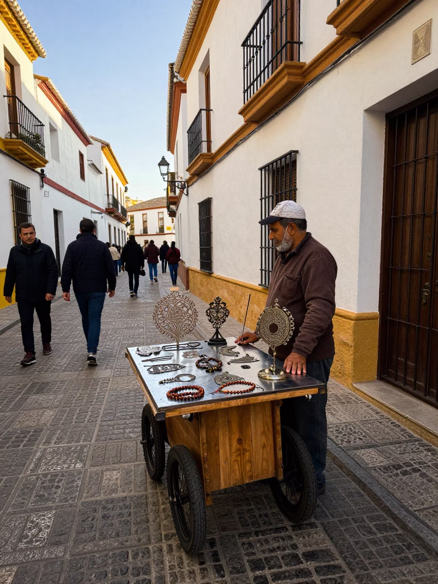 Busy Granada Spain Street Scene Early Afternoon with Brushed Steel and Prayer Beads in in Granada, Spain