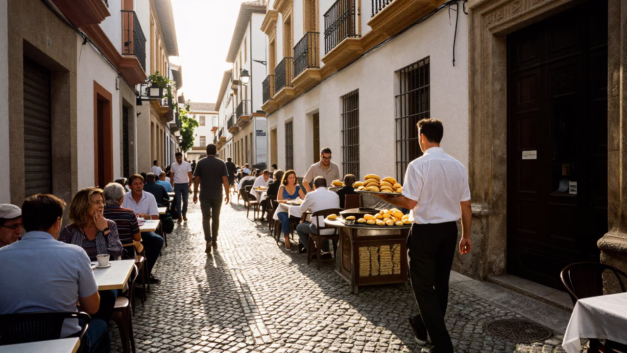 Busy Granada Spain Street Scene Early Afternoon with Local Food and Daily Life in in Granada, Spain