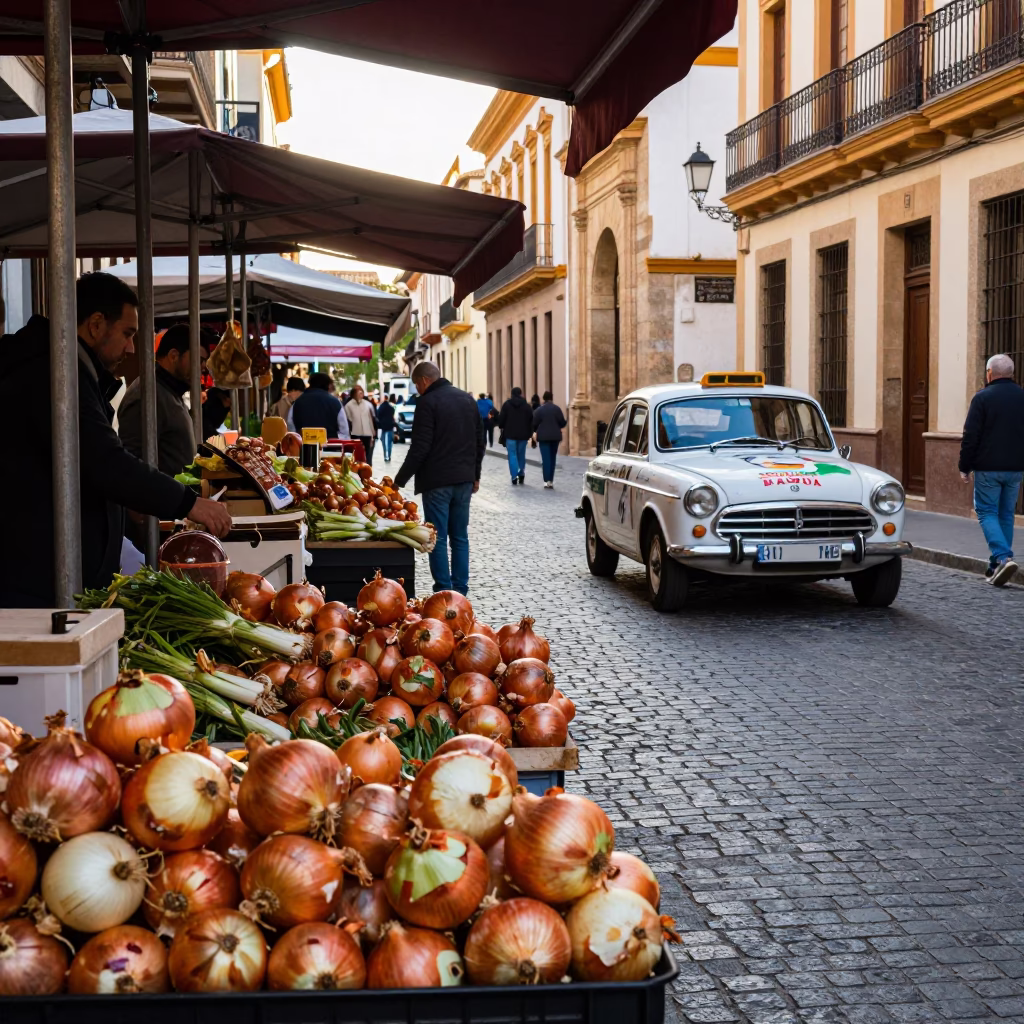 Busy Granada Spain Street Scene Early Afternoon with Onions and Vintage Car Rally in in Granada, Spain