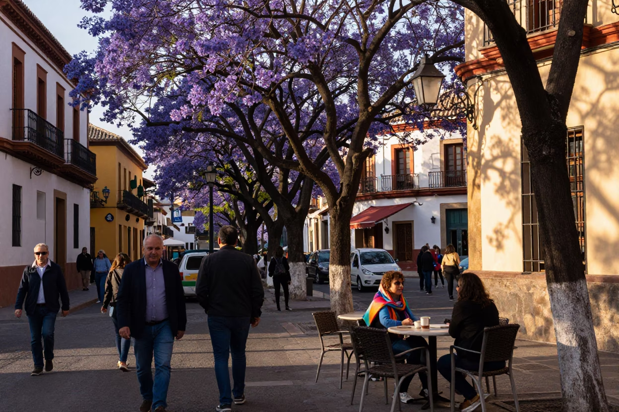 Busy Granada Spain Street Scene Late Afternoon Jacaranda Tree and Local Life in in Granada, Spain