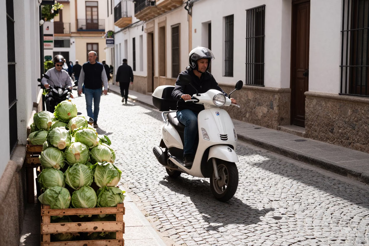 Busy Granada Spain Street Scene Midmorning Light with Scooter and Local Market Activity in in Granada, Spain