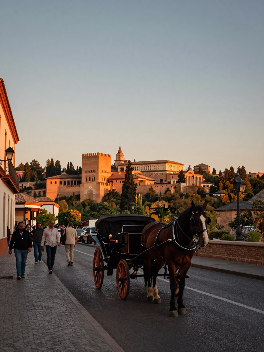 Busy Granada Spain Sunset Street Scene with Horse-Drawn Cart and Tourists in in Granada, Spain