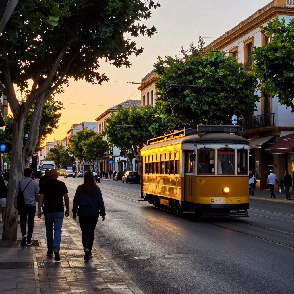 Busy Granada Spain Sunset Street Scene with Tramcar and Local Life in in Granada, Spain
