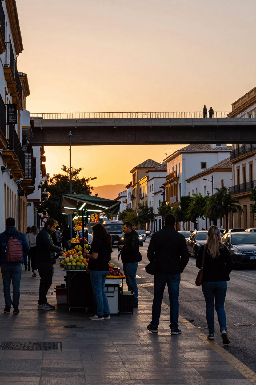 Busy Granada Street Scene at Sunset with Highway Flyover and Local Market Activity in in Granada, Spain