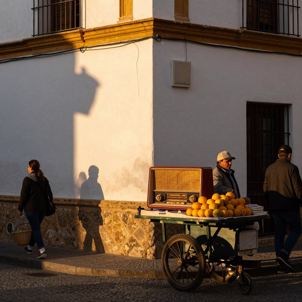 Busy Granada Street Scene Honeyed Evening Light Vintage Radio and Local Life in in Granada, Spain