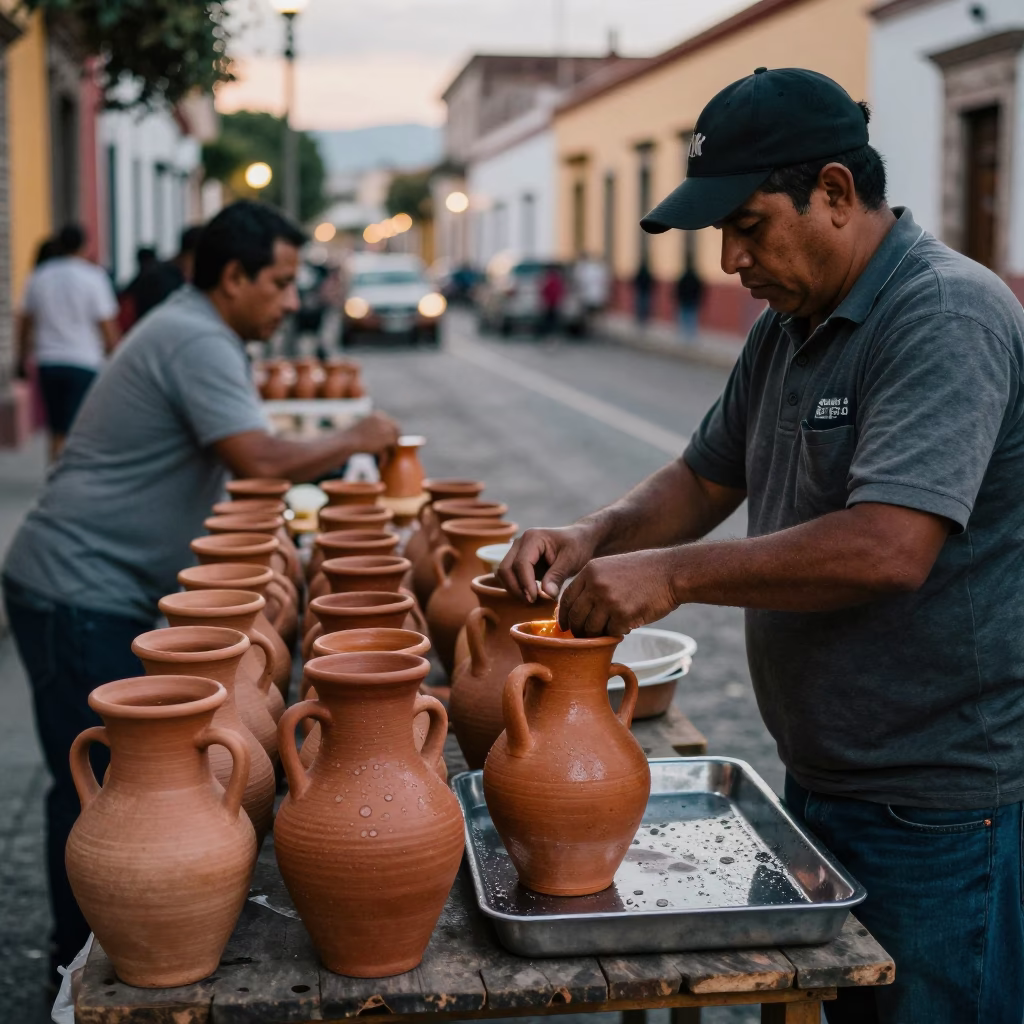 Busy Guadalajara Evening Street Scene with Clay Pots and Condensation in in Guadalajara, Mexico