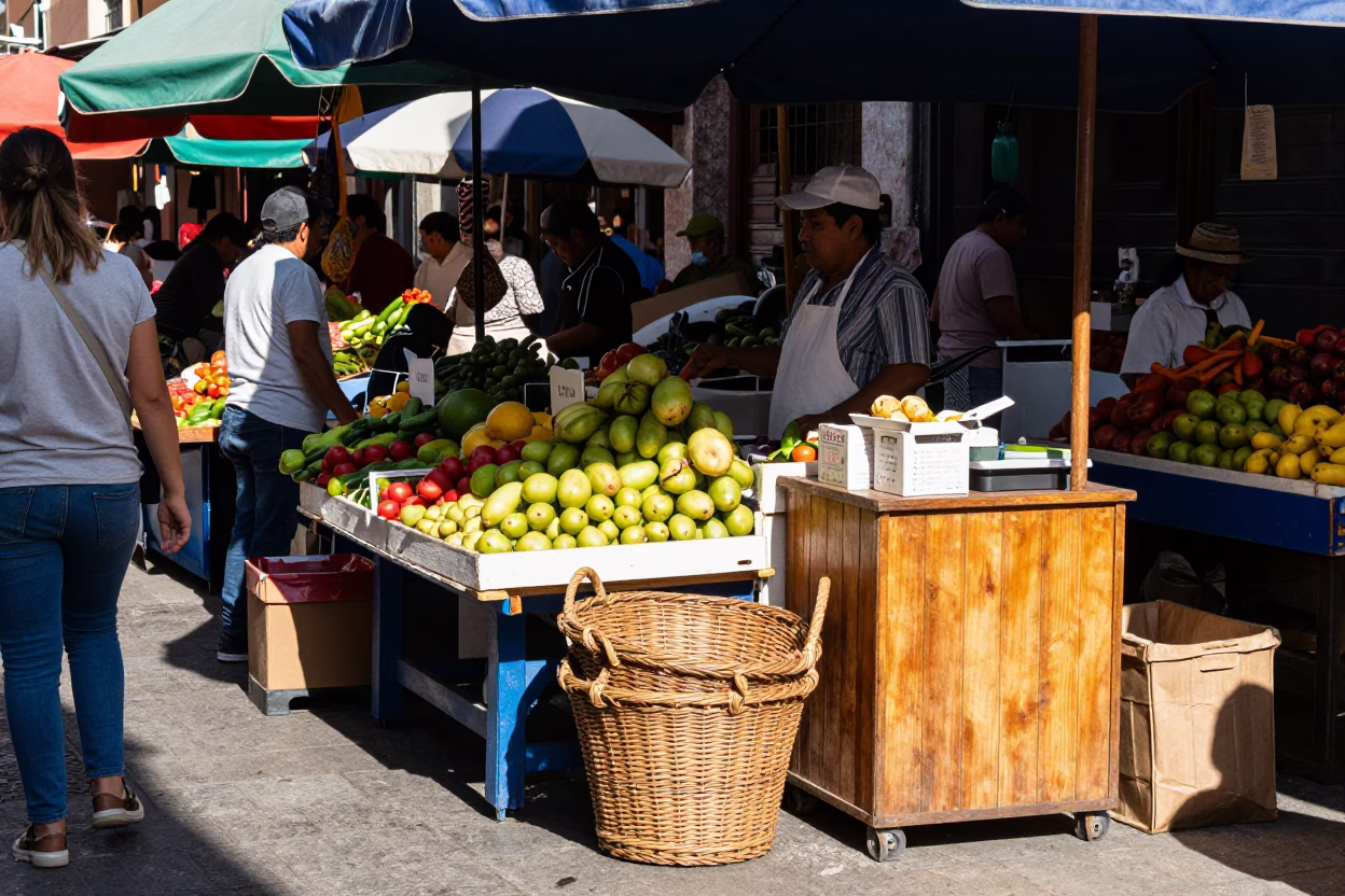 Busy Guadalajara Market Stall Midday with Wicker Basket and Iron Deadbolt Lock in in Guadalajara, Mexico
