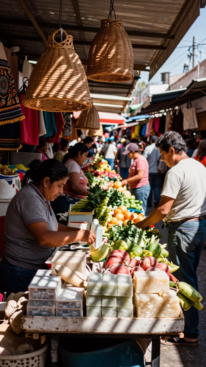 Busy Guadalajara Market Stall with Wicker Shadows and Soap Streaks at Midday in in Guadalajara, Mexico