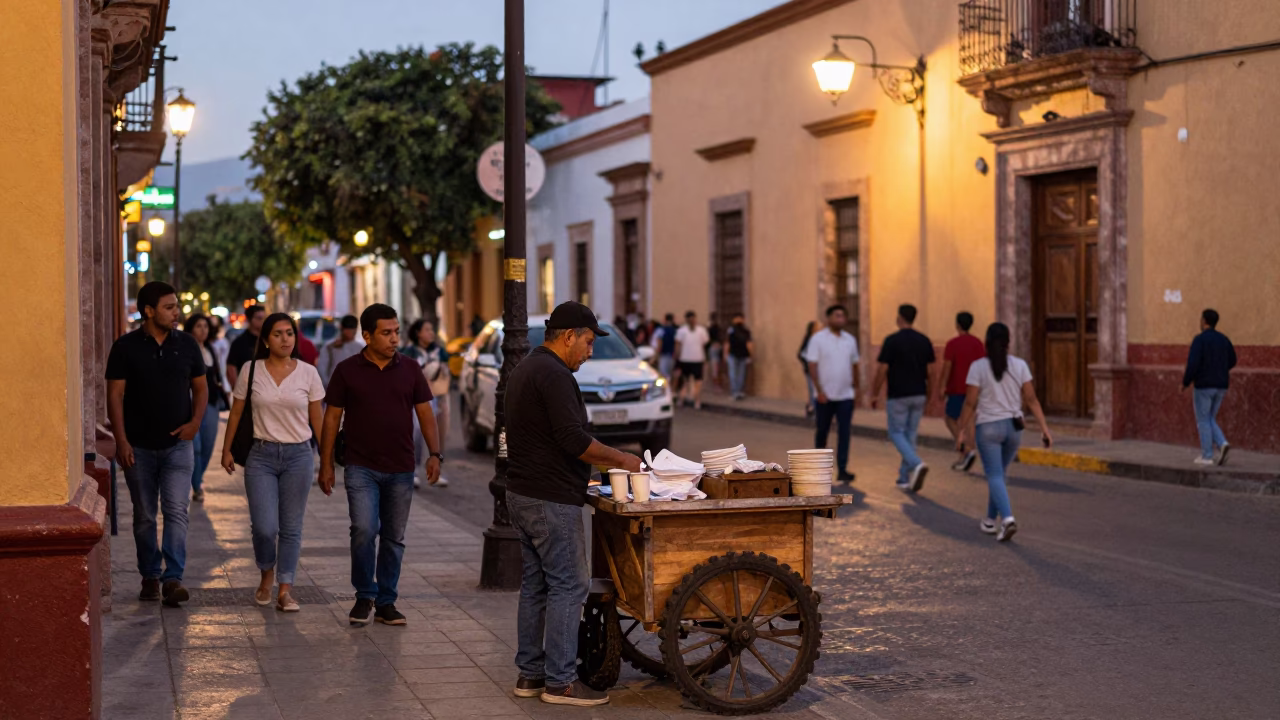 Busy Guadalajara Mexico Early Evening Street Scene with Local Interactions and Urban Details in in Guadalajara, Mexico