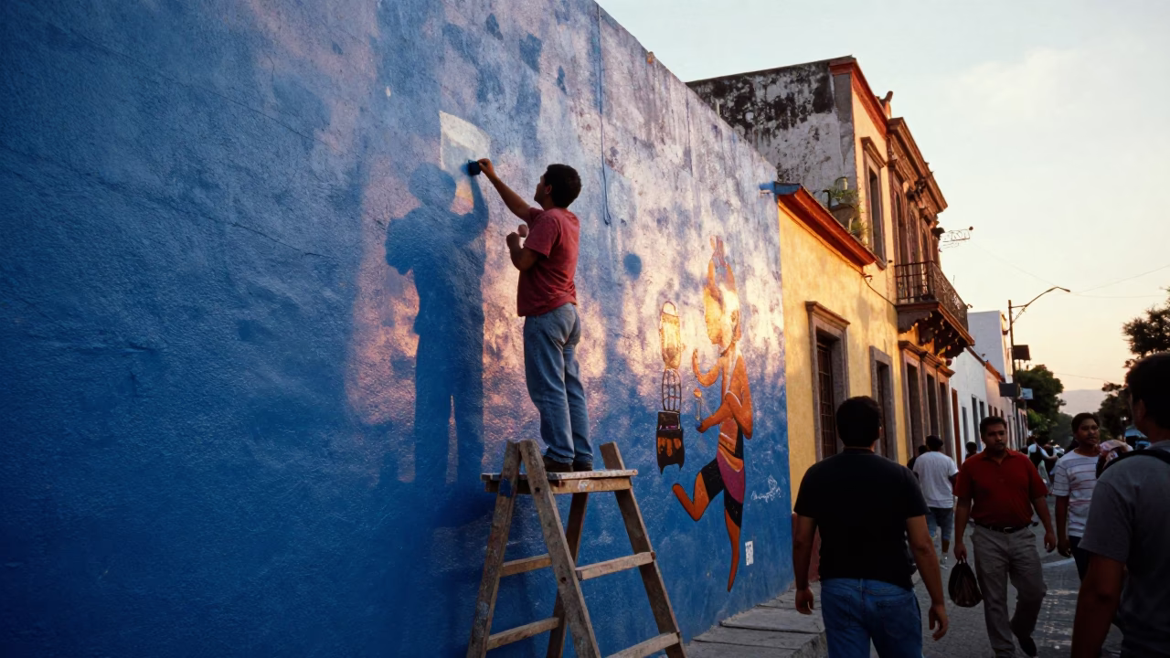 Busy Guadalajara Mexico Late Afternoon Street Scene with Artist Painting Mural in in Guadalajara, Mexico