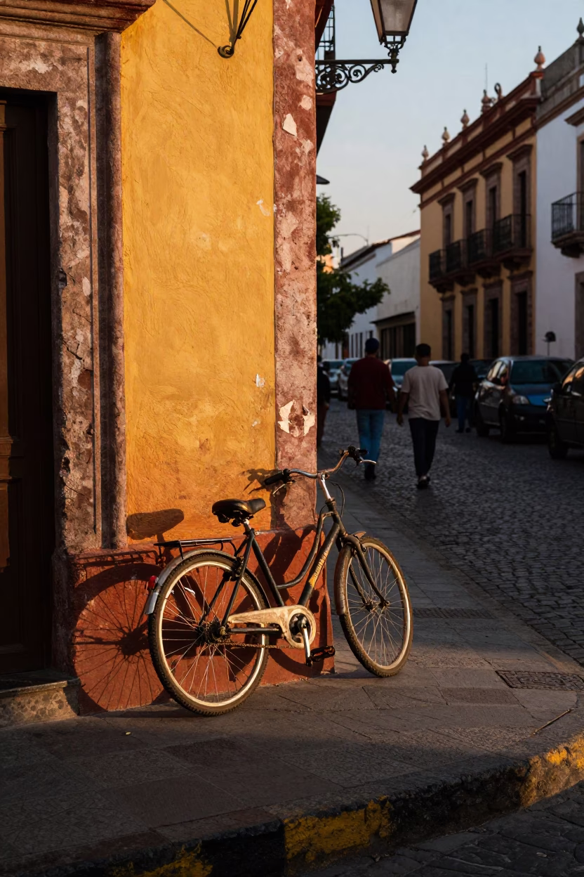 Busy Guadalajara Mexico Late Afternoon Street Scene with Bicycle and Cafe in in Guadalajara, Mexico