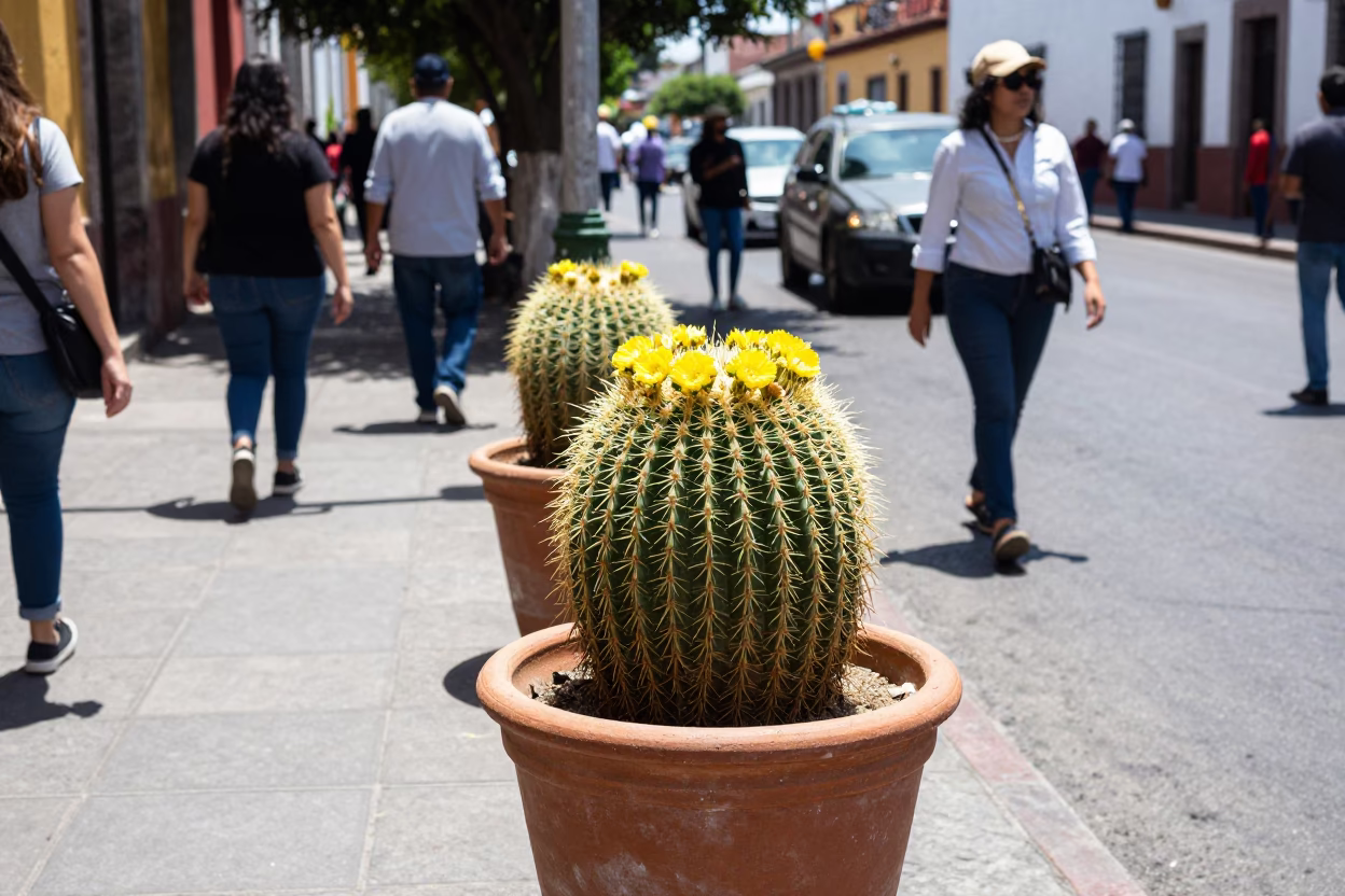 Busy Guadalajara Mexico Midday Street Scene with Barrel Cactus and Colorful Architecture in in Guadalajara, Mexico