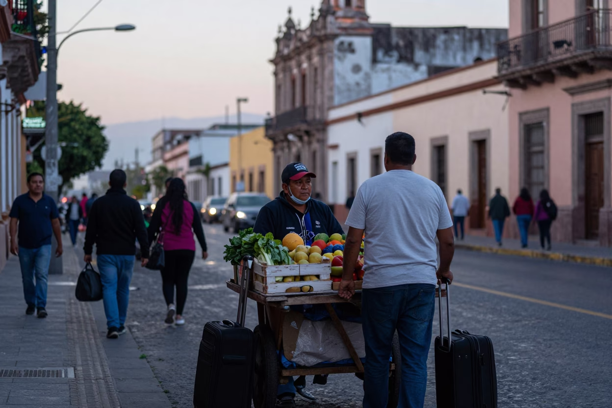 Busy Guadalajara Mexico Nautical Dawn Street Scene with Suitcases and Terracotta Bowl in in Guadalajara, Mexico