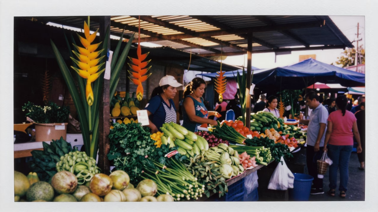 Busy Guadalajara Mexico Street Market Stall at Dawn with Heliconia Flowers and Ceramic Cups in in Guadalajara, Mexico