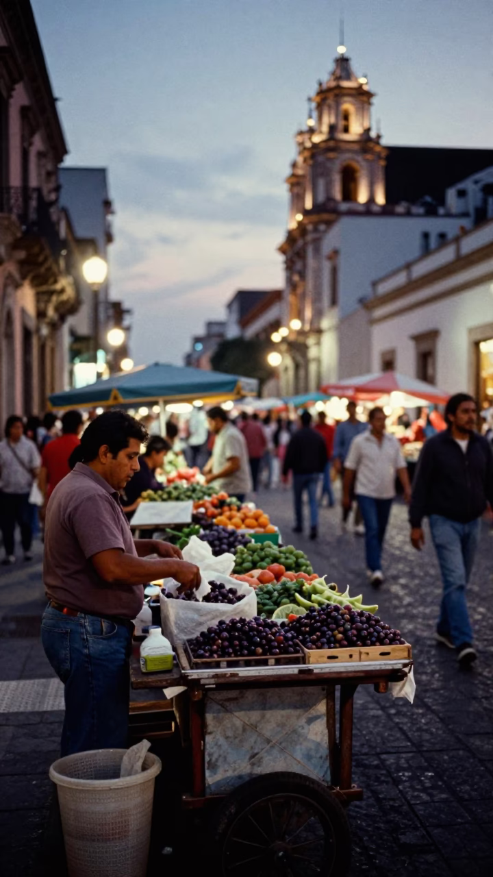 Busy Guadalajara Mexico Street Scene at Dusk with Local Market Activity and City Lights in in Guadalajara, Mexico